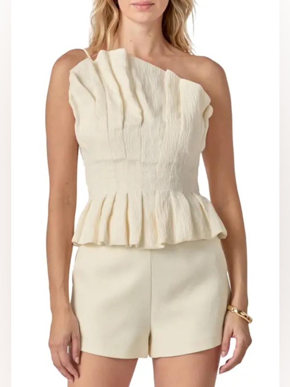 ENGLISH FACTORY Ruffle Asymmetrical Shelled Ivory Statement Top | Medium